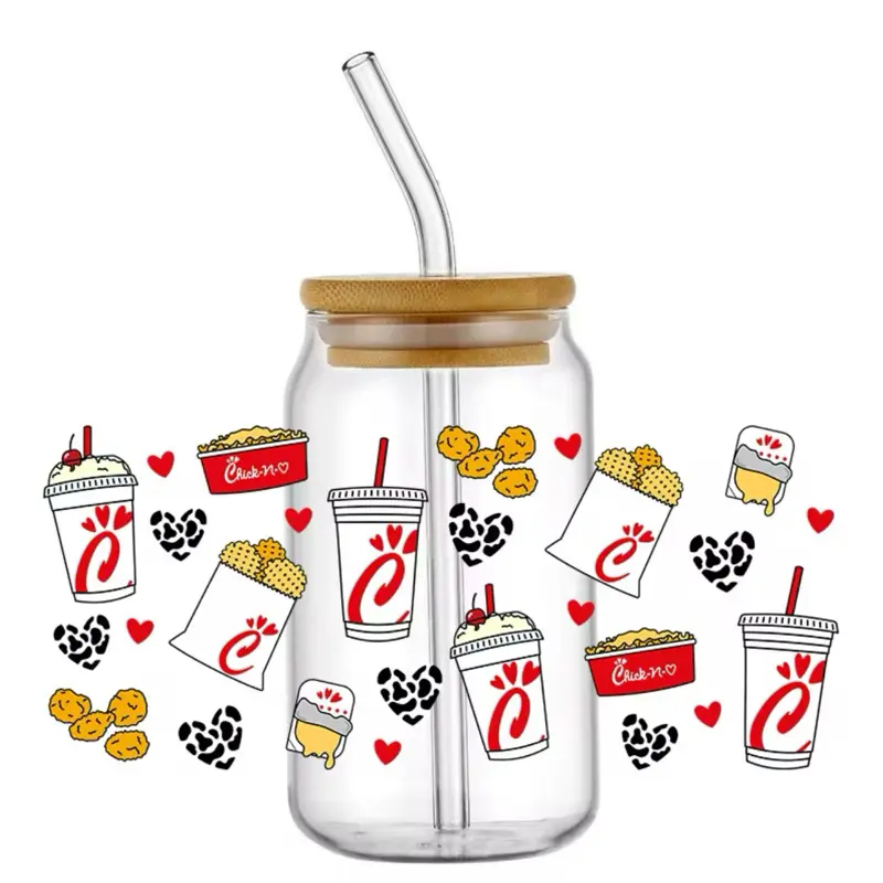 Chick-fil-A 16oz Tumbler with Bamboo Lid and Straw - Cute Cartoon Design Featuring Fried Chicken & Drink Icons