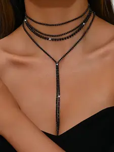 1pc Elegant Multi-Layer Fringe Necklace, Sparkling Crystal Long Chain, Rhinestone Decorated Necklace, Perfect for Wedding Parties, Holiday Gifts, Daily Wear