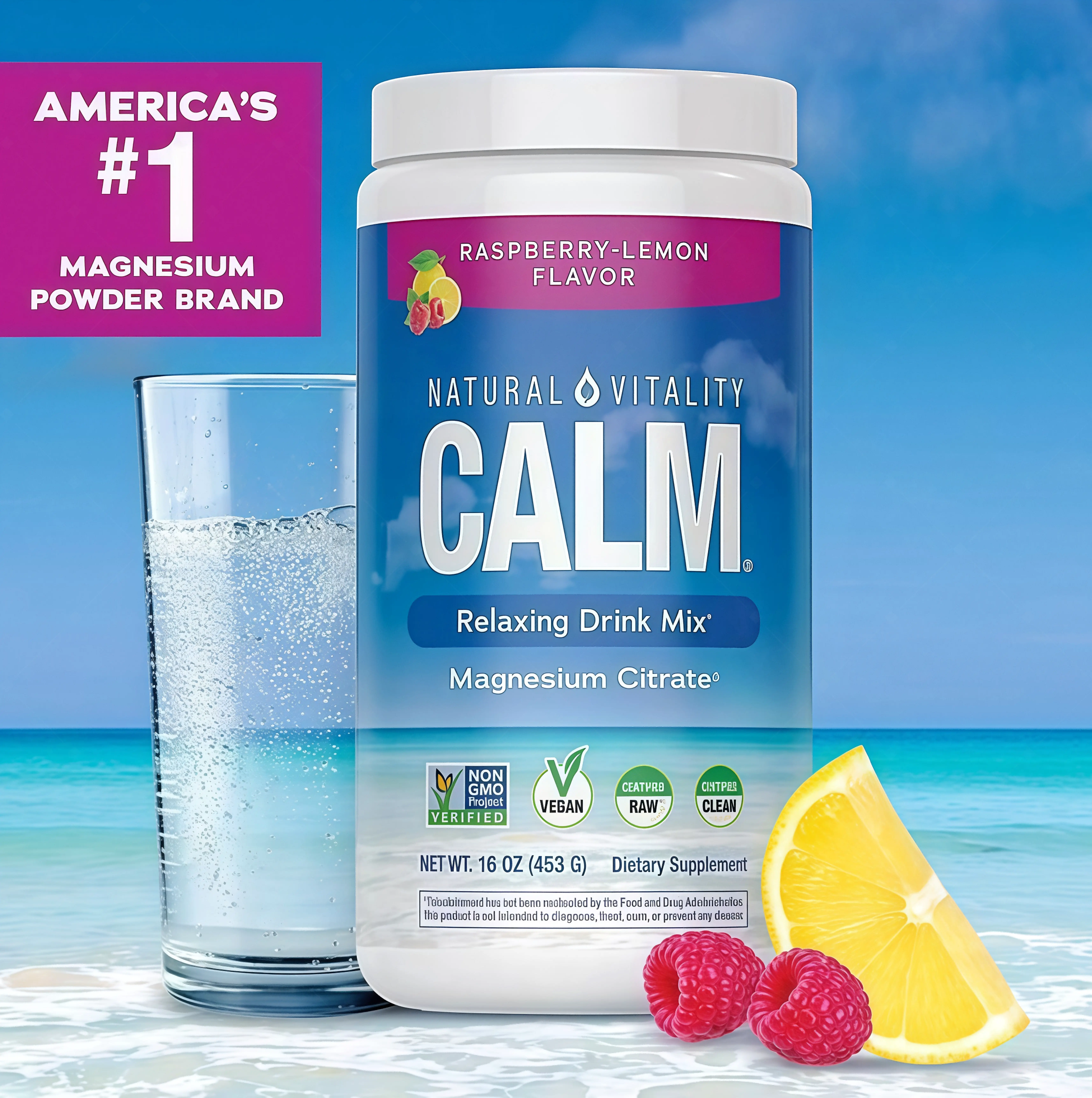 MaxCalm Relaxing Drink Mix HG- Anti Stress Drink Mix - With Ionic Magnesium Citrate + Glycinate - Raspberry Lemon Flavor - 16 oz (453 g) - 113 Servings