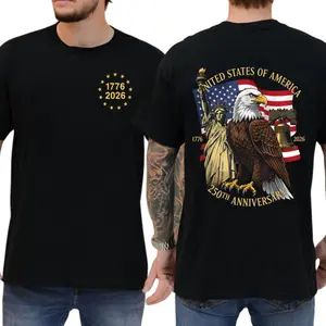 Menswear Cotton Fabric Short-Sleeve Round Neck T-Shirt - USA 250th Anniversary (1776-2026) Eagle & Liberty Bell Commemorative Patriotic Top