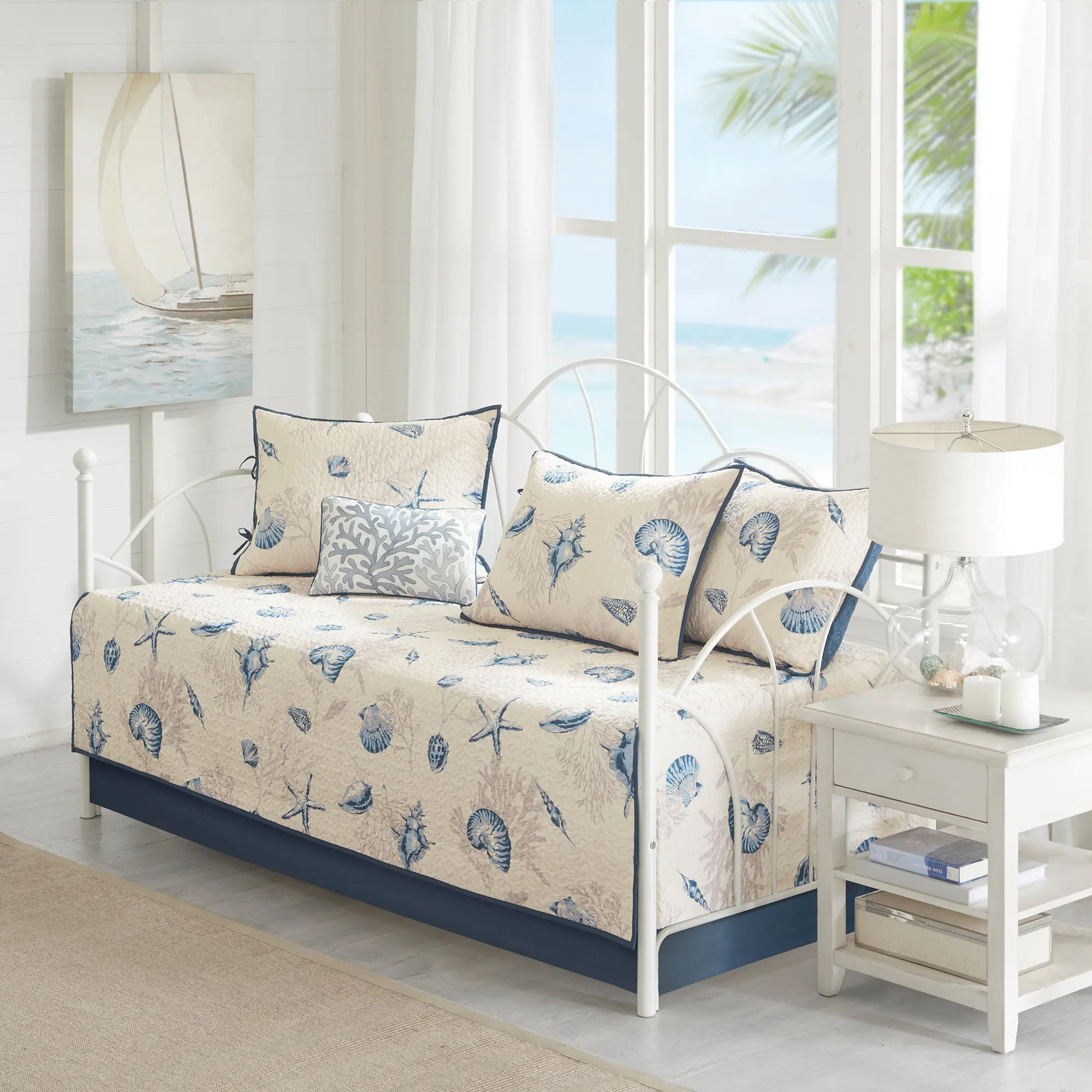 Reversible Microfiber Daybed Cover Set – 6 Pieces, Blue Print, Twin Size, Includes Quilted Bedspread, Pillow Sham, and Cushion Cover, Soft and Machine Washable