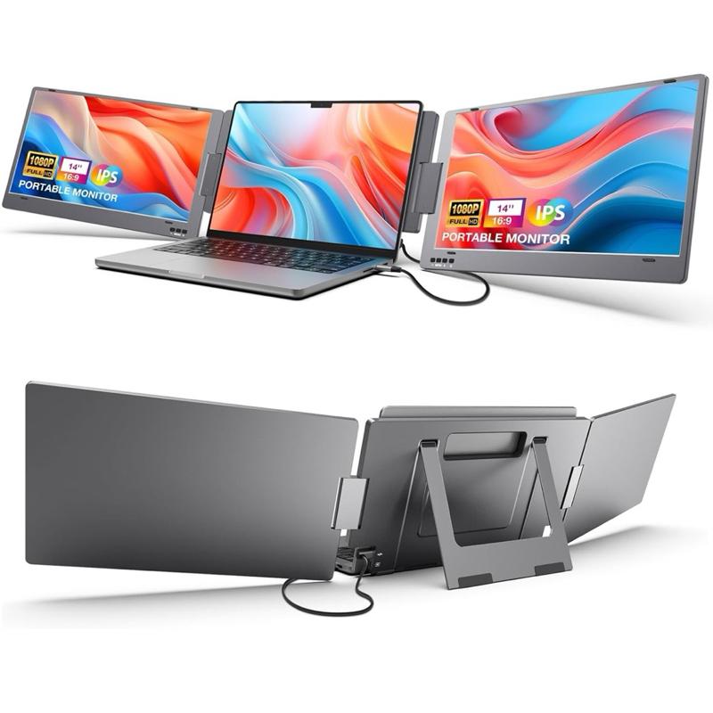 Triple Portable Monitor for Laptop - 14'' FHD 1080P USB-C, HDR IPS Display, Dual Monitor for Mac, Windows, and Android Devices
