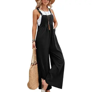 Overalls for Women Linen Casual Sleeveless Jumpsuits Straps Bib Overalls Baggy Pleated Palazzo Pants with Pockets