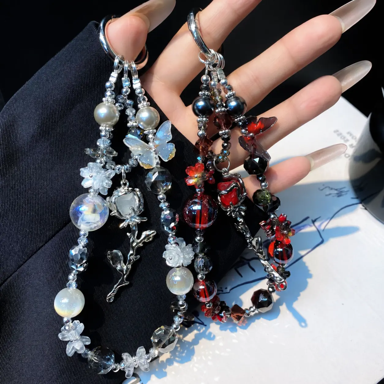 Rose Butterflies Beaded Cellphone Wrist Strap with Keyring Hook, Decorative Mobile Phone Charm Lanyard with Metal Beads for Compatible Phone Cases and Keys