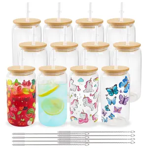 Joyclub 12 Pack Sublimation Glass Cups Blanks with Bamboo Lid 16 oz Clear Glass for Iced Coffee, Juice, and Soda Drinks - Tin, Drinkware