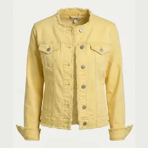 Collarless Denim Jacket with Fringe Detail - Sunny Yellow
