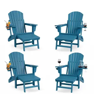 4-in-1 Folding Adirondack Rocking Chair with Retractable Ottoman & Dual Cup Holders, 380 Lbs Heavy Duty HDPE Patio Lounge Chair, All-Weather Plastic Outdoor Rocker for Porch, Deck