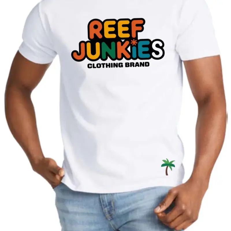 REEF JUNKIES Graphic T-Shirt - White Crew Neck with Unique Design, Regular Sleeves, Suitable for Various Occasions - Top, Menswear Fashion Tshirt Tropical