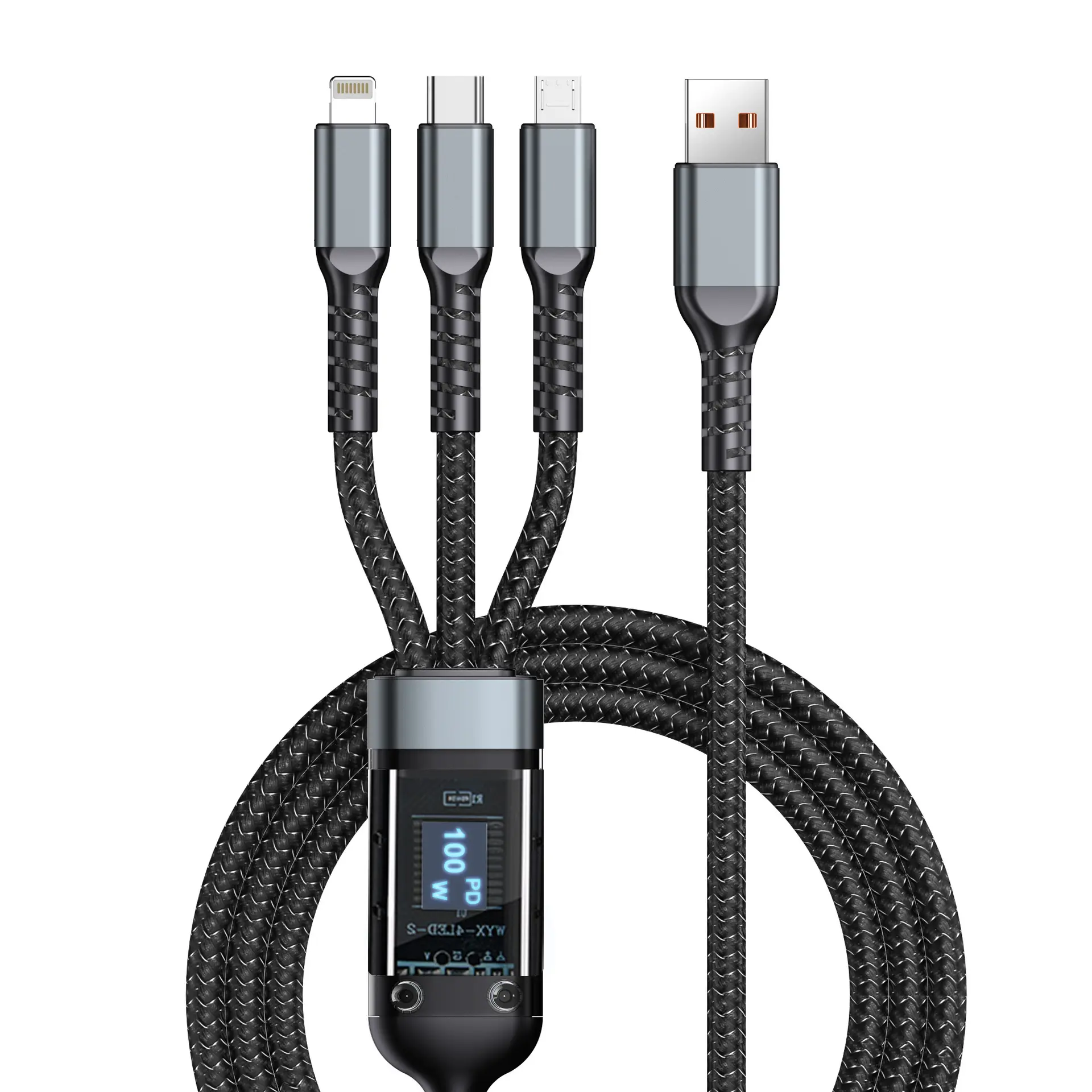 100w Fast Charging 4FT Cable 3 in 1 Transparent Luminous 4FT USB 100w Super Fast Charging Cable with LED Indicator, Durable Nylon braiding, Compatible With iPhone 14 13, Samsung, LG, Google Xiaomi Cellphone smartphone and more Type-C devices