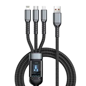 100w Fast Charging 4FT Cable 3 in 1 Transparent Luminous 4FT USB 100w Super Fast Charging Cable with LED Indicator, Durable Nylon braiding, Compatible With iPhone 14 13, Samsung, LG, Google Xiaomi Cellphone smartphone and more Type-C devices