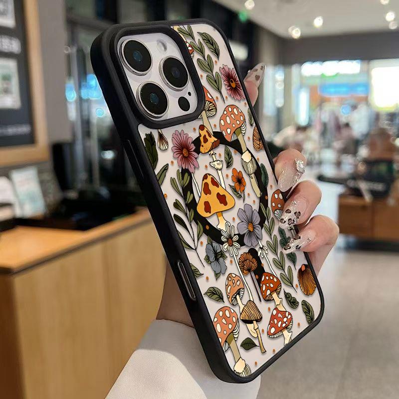 Mushroom & Wildflower Print Phone Case  Add A Touch Of Forest Charm & Playful Warmth To Your Daily Device Featuring Built-In Strong Magnet Ring Blending Smooth Macaron Texture With Secure Magsafe Compatibility For iPhone 17 16 15 14 13 12 11 X XS