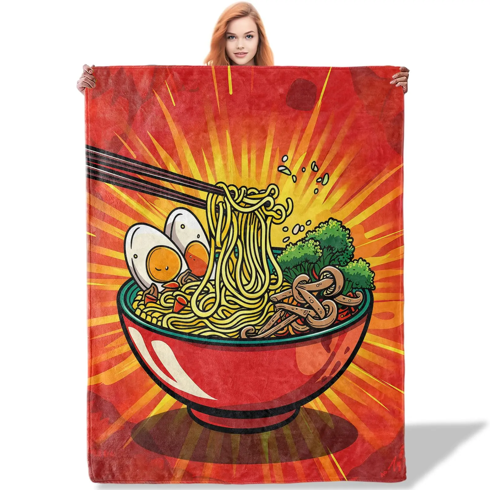 Multi-Size Modern Ramen Throw Blanket - 152cm×127cm(50x60in), 101cm×76cm(30x40in), 32x48in Durable Vibrant Food-Themed Noodle Bowl Design, Breathable Camping Blanket, Machine Washable Gift for Grandparents