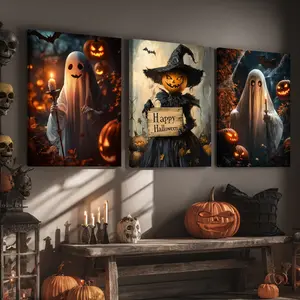 3 Counts Wooden Framed Canvas, Halloween White Ghost, Pumpkin Head Witch, Halloween Home Poster, Halloween Party Decorations, Living Room And Bedroom Hanging Paintings, Horror Theme, Interesting Posters, High-Definition Art, Wooden Wall Art