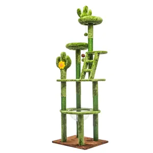 Cactus Style Cat Tree 23.62x19.29x72.05 Inch Multi-Level Tower with Transparent Capsule Sisal Scratching Posts Hanging Toys Soft Plush Stable Tall Climber for Indoor Cats