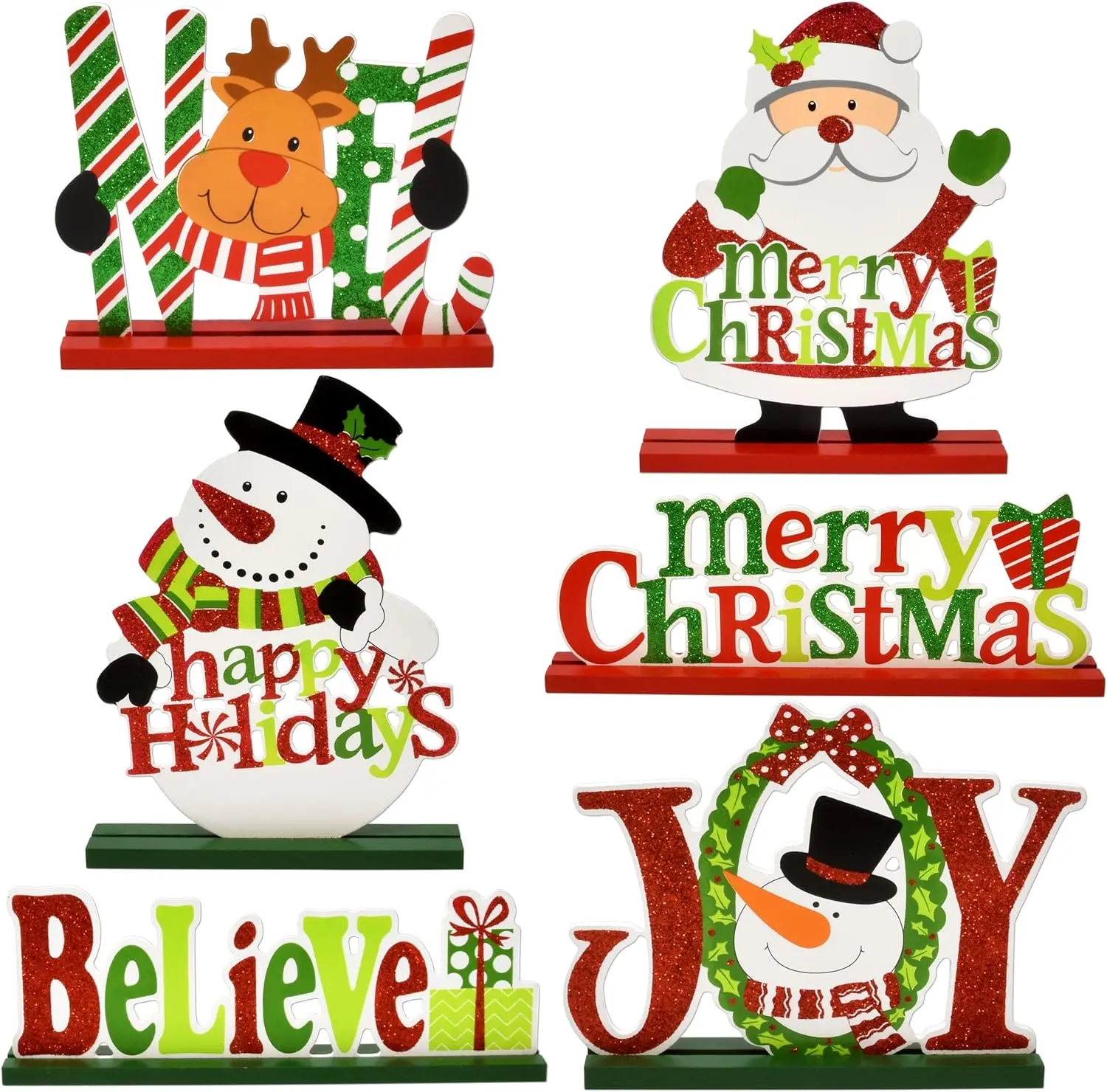 6 Pcs Christmas Table Decorations for Dinner Party Coffee Table Snowman Santa Reindeer Noel Joy Believe Merry Christmas Happy Holidays Centerpiece Ornaments