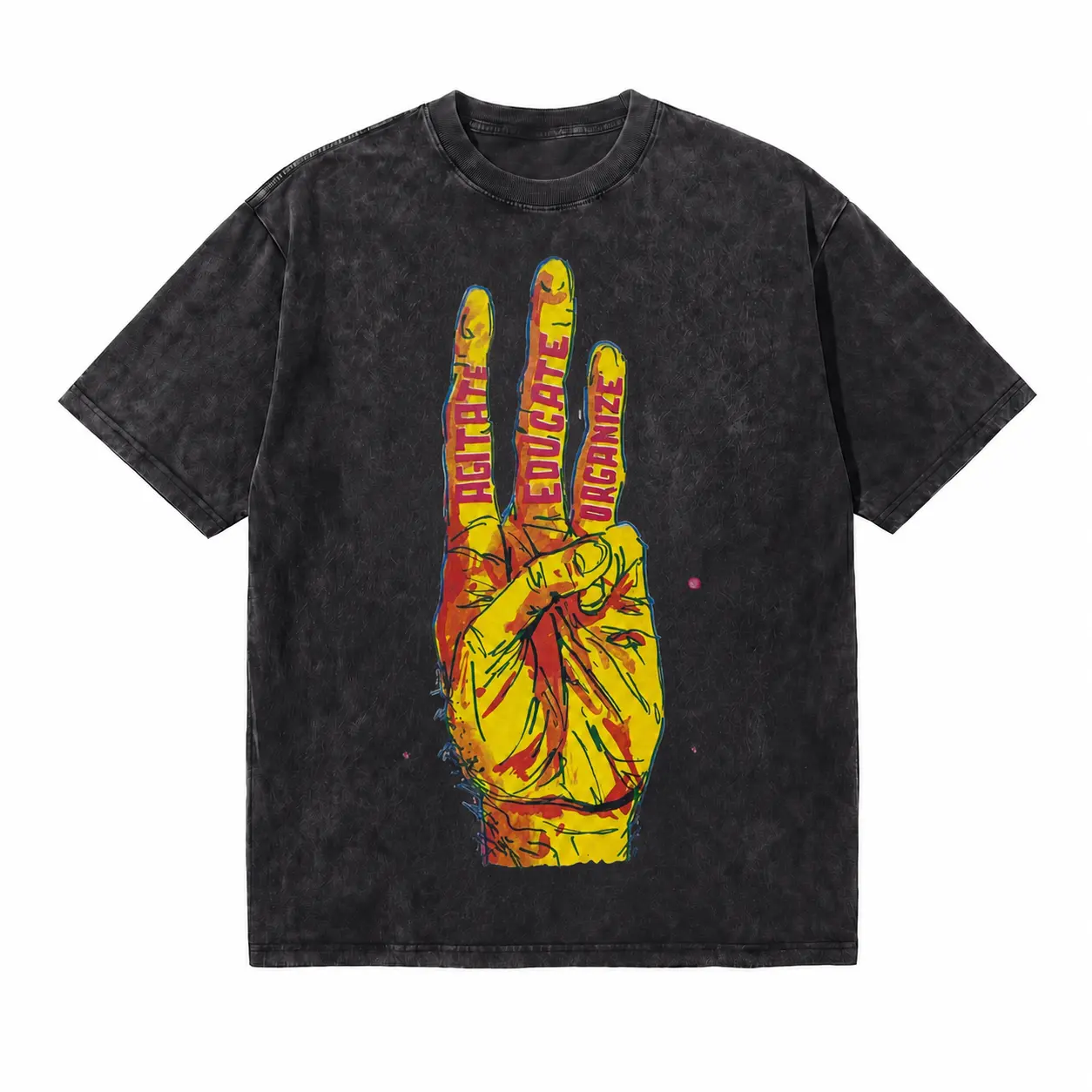 LAWLESSROW Agitate Educate Organize Three-Fist Pop Art Vintage Acid Wash Tee