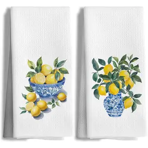 Chinoiserie Lemon Kitchen Hand Towels Decorative Set of 2 for Bathroom,Blue and White Chinoiserie Lemon Kitchen Bathroom Decor and Accessories, 16x24 Inch