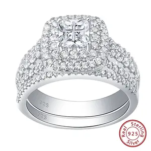 Luxury 925 Sterling Silver Halo Wedding Ring Set for Women Elegant Jewelry Princess Cross Cut Simulated Diamond Rings BR0763 #Love Story