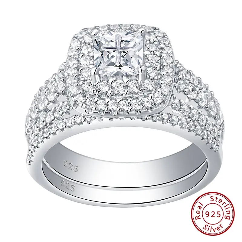 Women's 925 Sterling Silver 2-Piece Bridal Ring Set, Elegant Princess Cut Halo Wedding Jewelry with AAAAA Cubic Zircon, Bridal Rings, Wedding Ring Sets