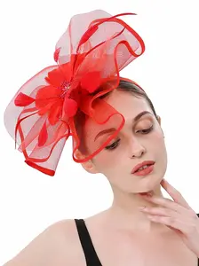 Fascinator Hat for Women Tea Party Hats Organza Feather Headband Kentucky Derby Fascinators for Wedding Cocktail Red