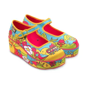 Hot Chocolate Design Love On The Road Women's Mary Jane Platform Fabric Upper Wedge Non-marking Rubber Sole Adjustable Buckle Strap