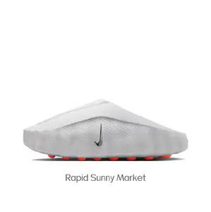 Light Grey Futuristic Mule Slides, Orange Cushioning Sphere Outsole, Perforated Upper, Sports Recovery Tech Slides