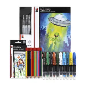 Marabu Mixed Media Drawing Set - 20 Sheets Watercolor Paper, 12 Watercolor Pencils with 10 Watercolor Crayons and Water-Fillable Brush Set - The Ultimate Landscape Adventure
