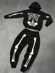 Men's Halloween Skull Print Hoodie and Sweatpants Set, Fall Streetwear, Commuter Outdoor Wear, Gift for Husband Boyfriend