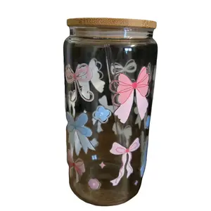 Bow Glass Cofde with Bamboo Lid and Colorful Bow Design for Decorative Storage