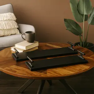 Set of 2 Marble Slim Textured Living Room Decor Tray with Rod Handles Set of 2 22", 18"W