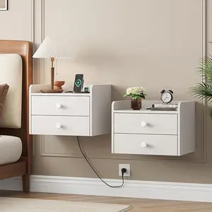 Vabches Modern Floating Nightstand Set of 2 with 2 Storage Drawers & Charging Station Wall Mounted Bedside End Table for Bedroom Small Space