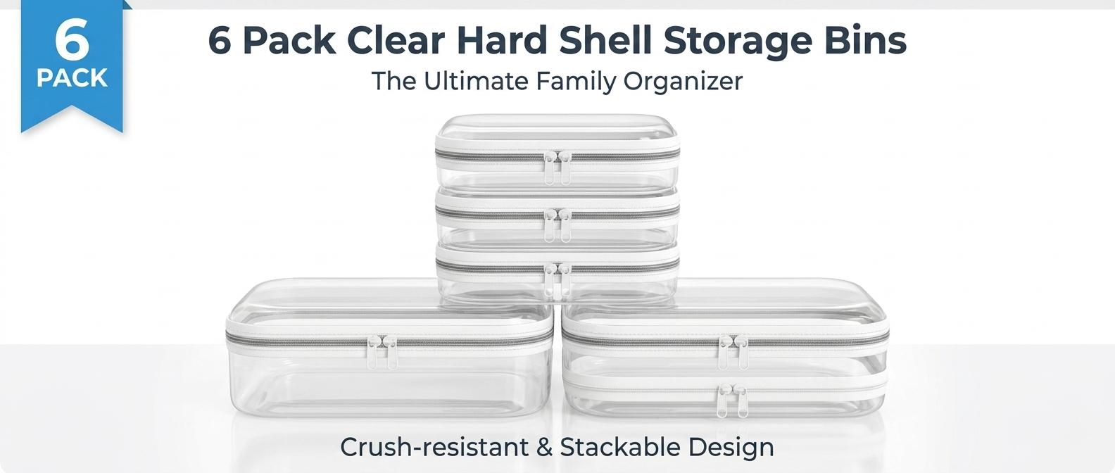 6 Pack Clear Hard Shell Storage Bins, Waterproof Dustproof Double Zipper PVC Cases, Portable Clothes Organizer for Travel, Toy Storage Bag for Kids, Book Pouch for Backpack, Mother's Day Gift for Mom, Memorial Day Essentials, Summer Family Organizer