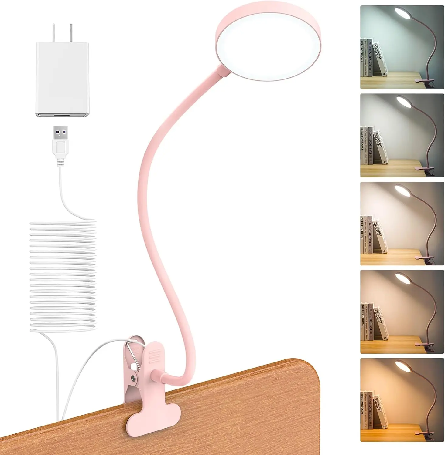 Desk Lamp Clip on Light 8W 66 LED Rding Light for Bed, 5 Colors 10 Dimming Levels, Eye Caring Metal Rding Lamp, Clip lamp for Bed Hdboard Home Office (Pink)