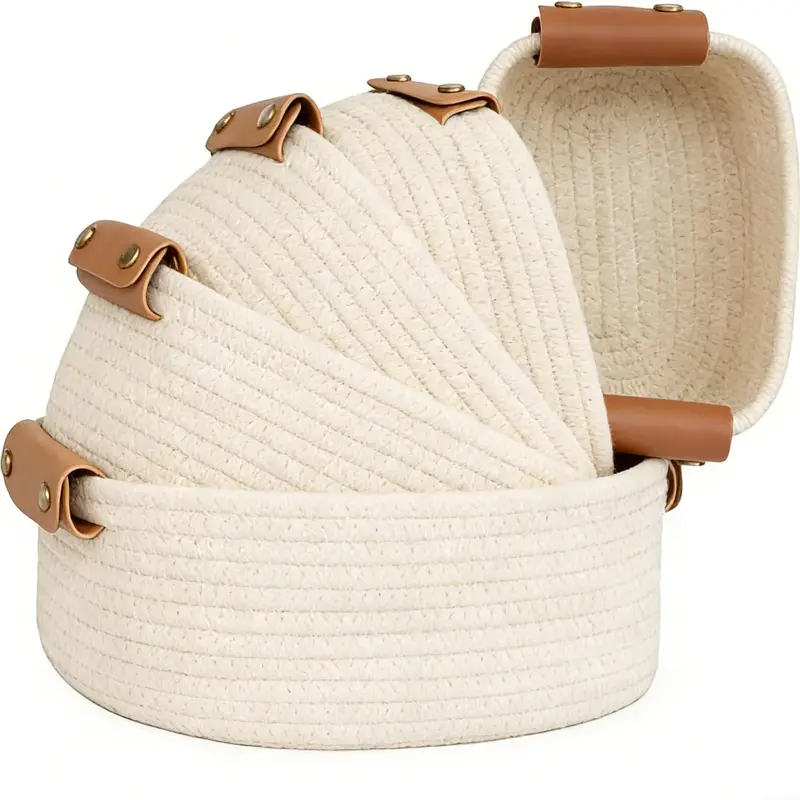 SANNAX 5-Piece Multi-Size Sturdy Cotton Rope Rectangle Storage Basket Set with Detachable Handle, High-Quality Leather-Accent Modern Home Organizers for Storage Organization, Closet Organization, Bedroom Books & Rope-Shelf Charm Use