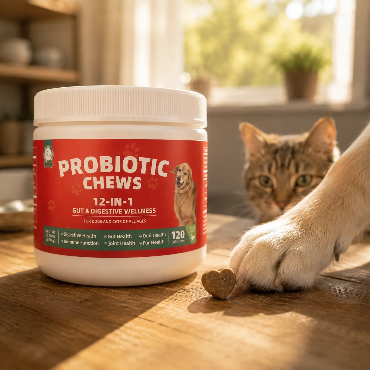 PET Yuan Pet 12-in-1 Probiotic Chew Tablets for Cats & Dogs, 50B CFU Gut Health Supplement, Supports Immune System, Oral Care, Anal Gland Care, Suitable for All Life Stages, 120 Tablets bite gprobiotic