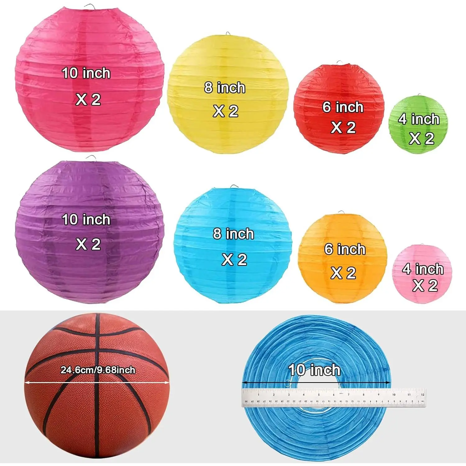 LURICO 16-Piece Multi-Size Colorful Paper Lanterns (4", 6", 8", 10") - Chinese/Japanese Hanging Decor Lamps for Home Decor, Parties/Wedding