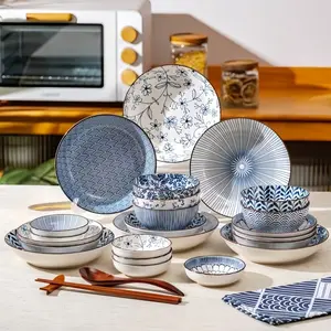22-Piece Japanese Blue Floral Ceramic Dinnerware Set, Tableware Set, Microwave & Dishwasher Safe, Perfect for Home Dining, Ideal Gift for Festivals, Dinnerware Service Set