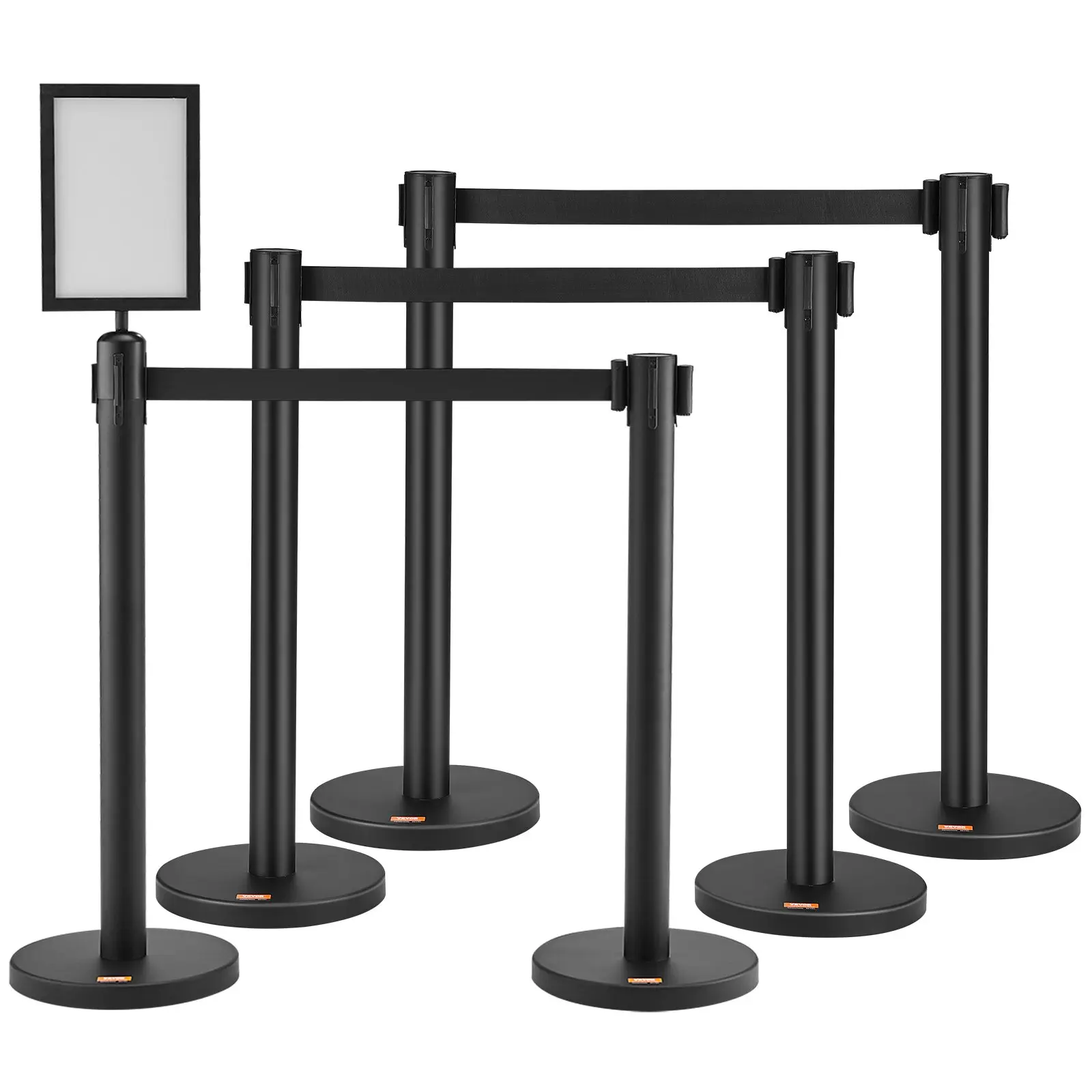 【Summerfinds】VEVOR 6-Pack Carbon Steel Baking Painted Crowd Control Stanchions, 6 Pcs with Sign Holder, 3x6.5FT Adjustable Retractable Belts, Widened Base, 4-Way Adapter, Easy-to-Assemble Belt Barrier Line Dividers for Airport, Supermarket, 6Pcs