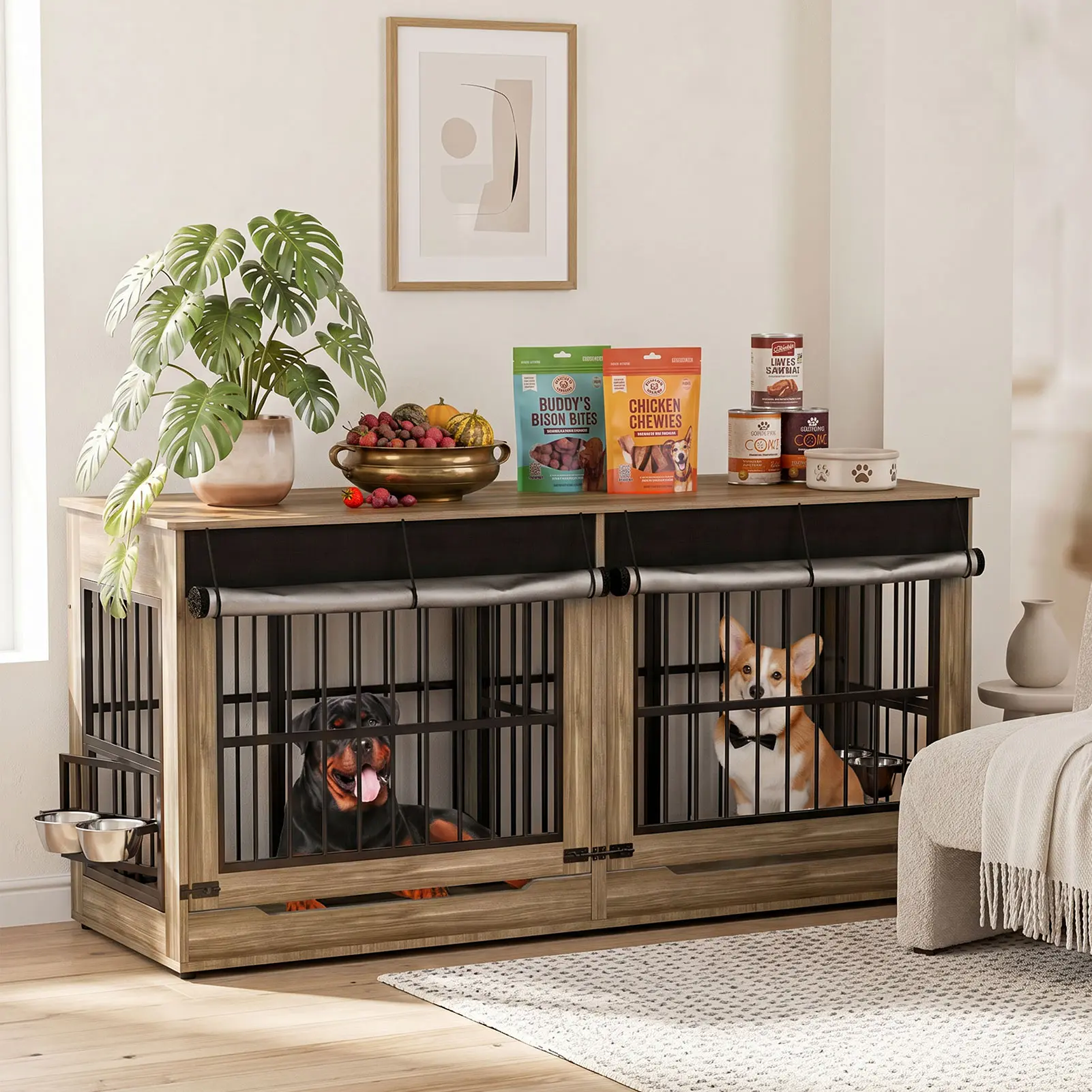【Summervibes】Large Dog Crate Furniture, Double Door Wooden Indoor Dog Kennel Furniture | Decorative Pet Cage End Table with Wheels for Extra Large Breed Dogs, Size 2XL, Rustic Brown