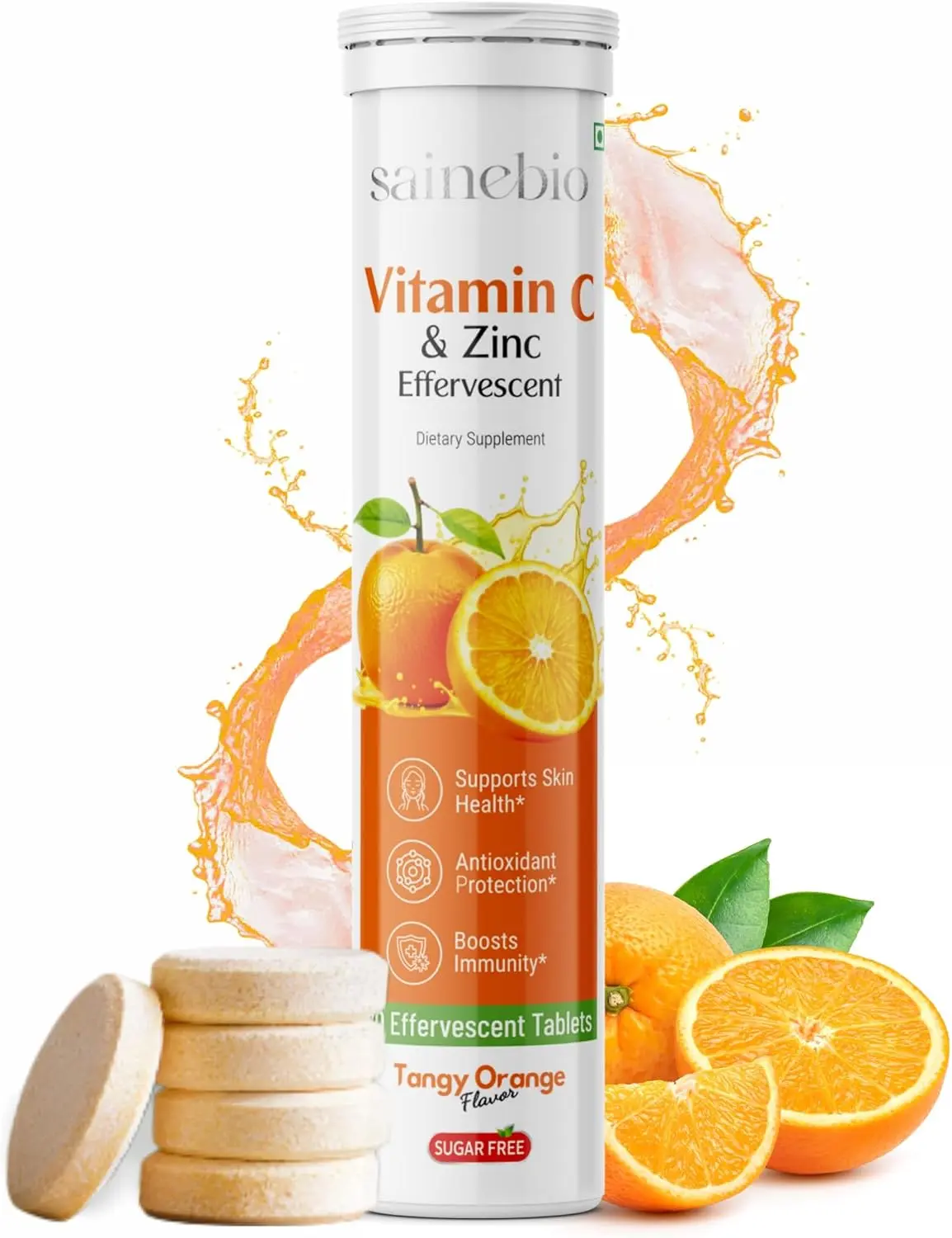 Vitamin C 1000mg Effervescent Tablets - Potent Immunity Booster with Zinc 10mg Supplement - Sugar-Free & 100% Vegetarian Formula | Fizzy Drink, Tangy Orange Flavor - 20CT (Pack of 1)