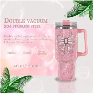 1pc 40oz/30oz Stainless Steel Car Cup With Diamond Sparkle Insulated Tumbler, With Handle & Straw, Suitable For Car, Travel, Birthday Gift, New Year Gift For Friends, Valentine's Day Gift