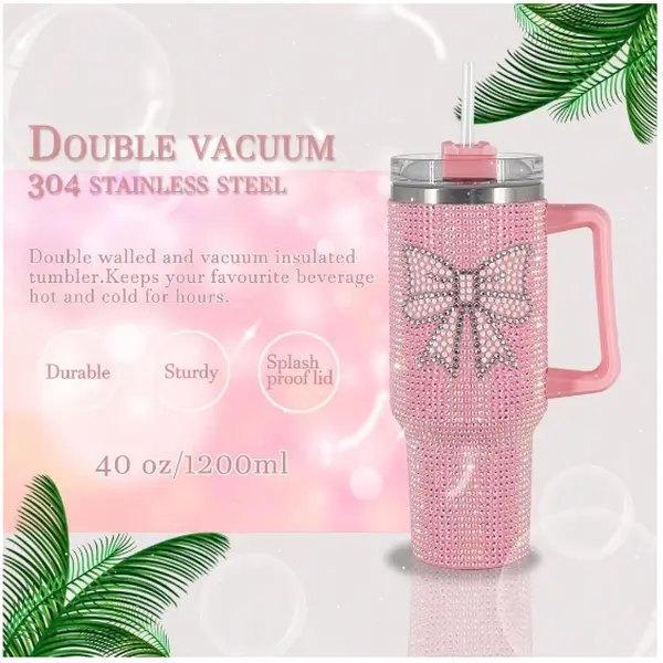 1pc 40oz/30oz Stainless Steel Car Cup With Diamond Sparkle Insulated Tumbler, With Handle & Straw, Suitable For Car, Travel, Birthday Gift, New Year Gift For Friends, Valentine's Day Gift