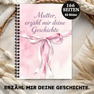 German Story Notebook, 166 Pages Spiral Bound, Soft Ribbon Bow, Watercolor Background, Mother's Day or Birthday Gift