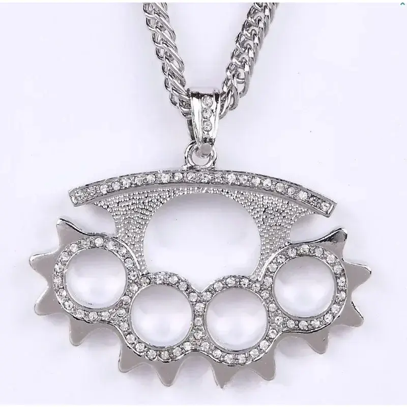 Men's Fighting Weapon Knuckle Tiger Pendant Necklace - Shining Ice Crystal Zircon Gemstone Fashion Necklace, Funky Unique Men's Accessories, Costume Jewelry for Hip Hop Rock Styles