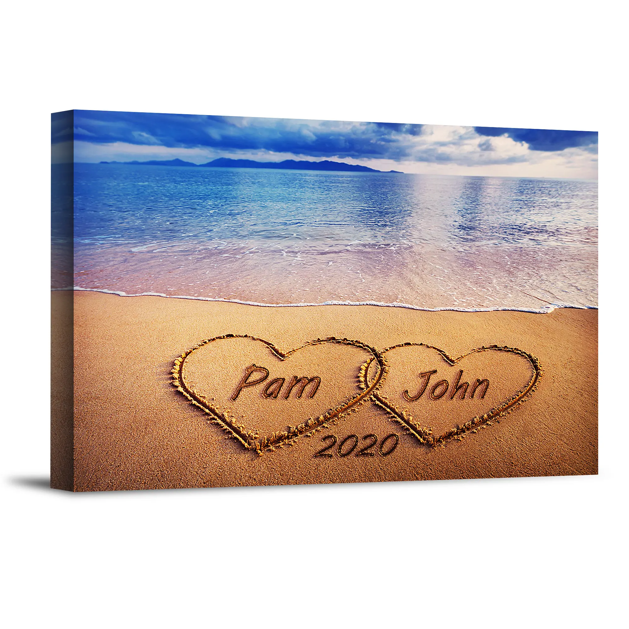 Hearts on Beach Unique Personalized Photo or Canvas Prints with Couple's Names and Special Date on Beach,Perfect Present Love Gift for Anniversary,Wedding,Birthday and Holidays