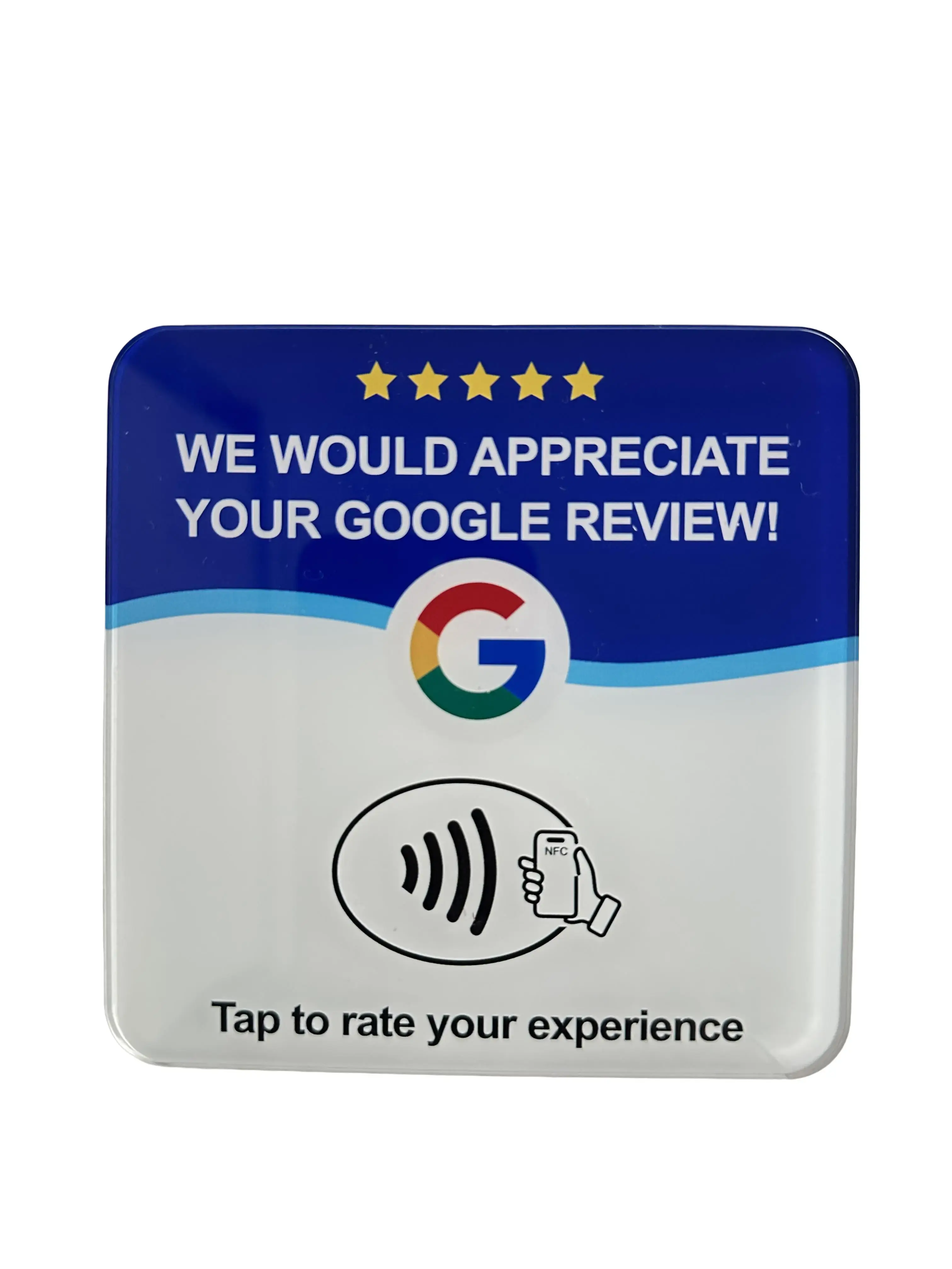 NFC Tap to Review Card for Business - Rewritable Contactless Review Stand for Counter, Front Desk, Restaurant, Salon, Barbershop - No App Needed - 10x10cm Waterproof Acrylic Sign with Adhesive Back