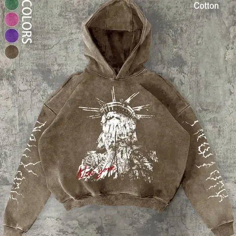 Men's Hooded Sweatshirt, Fitted Spring & Fall Thin Jacket, Gothic Statue Graphic Print, Gothic Printed Hoodie, Distressed Vintage Wash Cotton, Trendy Streetwear, Casual Fashion, Gothic Rock Hoodie, Fashion Streetwear Apparel