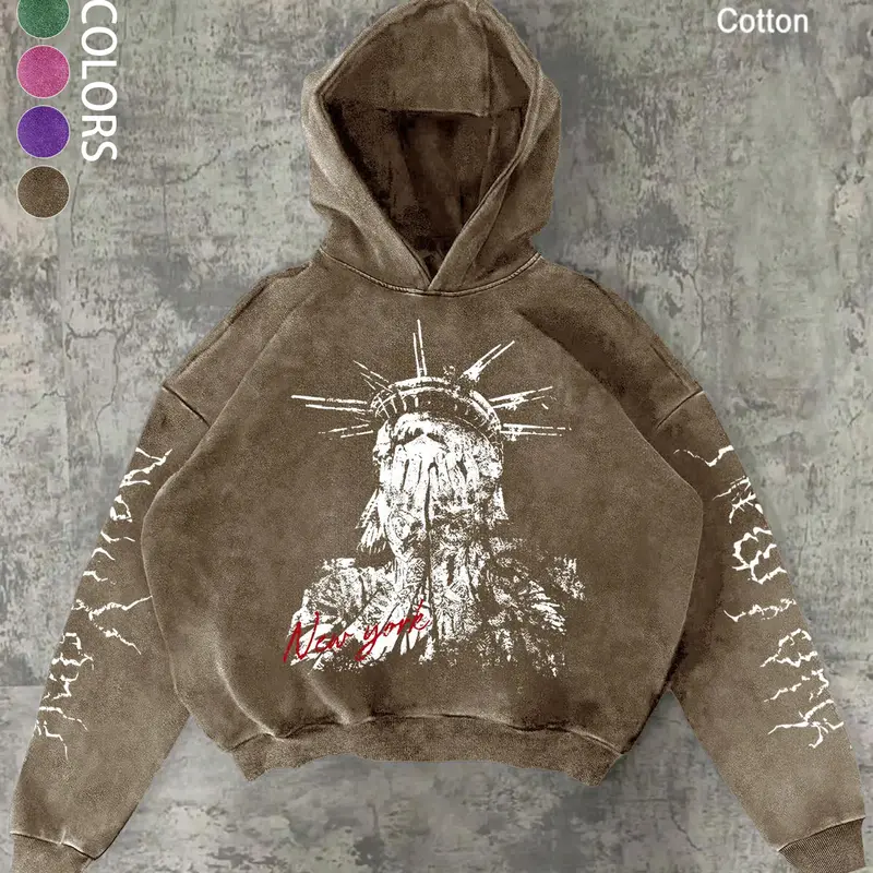 Men's Hooded Sweatshirt, Fitted Spring & Fall Thin Jacket, Gothic Statue Graphic Print, Gothic Printed Hoodie, Distressed Vintage Wash Cotton, Trendy Streetwear, Casual Fashion, Gothic Rock Hoodie, Fashion Streetwear Apparel