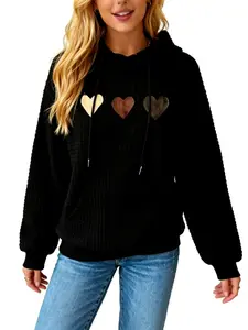 Women's clothing Heart & Patchwork Print Pullover, Casual Wear with Drawstring Hood & Relaxed Fit, Machine Washable, Waffle Fabric Women's Fashion Hoodie,Sweatshirt for Women,Summer Outfits for Women