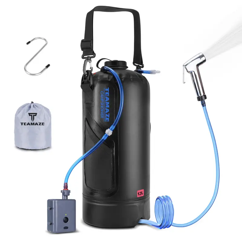 12L PVC Portable Camp Shower Bag - Camping Accessories, Travel Accessory, Auto Pressure Pump, Compact Size, Upgraded Screw Lid, Solar Heating, Leakproof Durable Handle Strap, Safety Guard Set for Camping, Hiking Outdoor Bathing